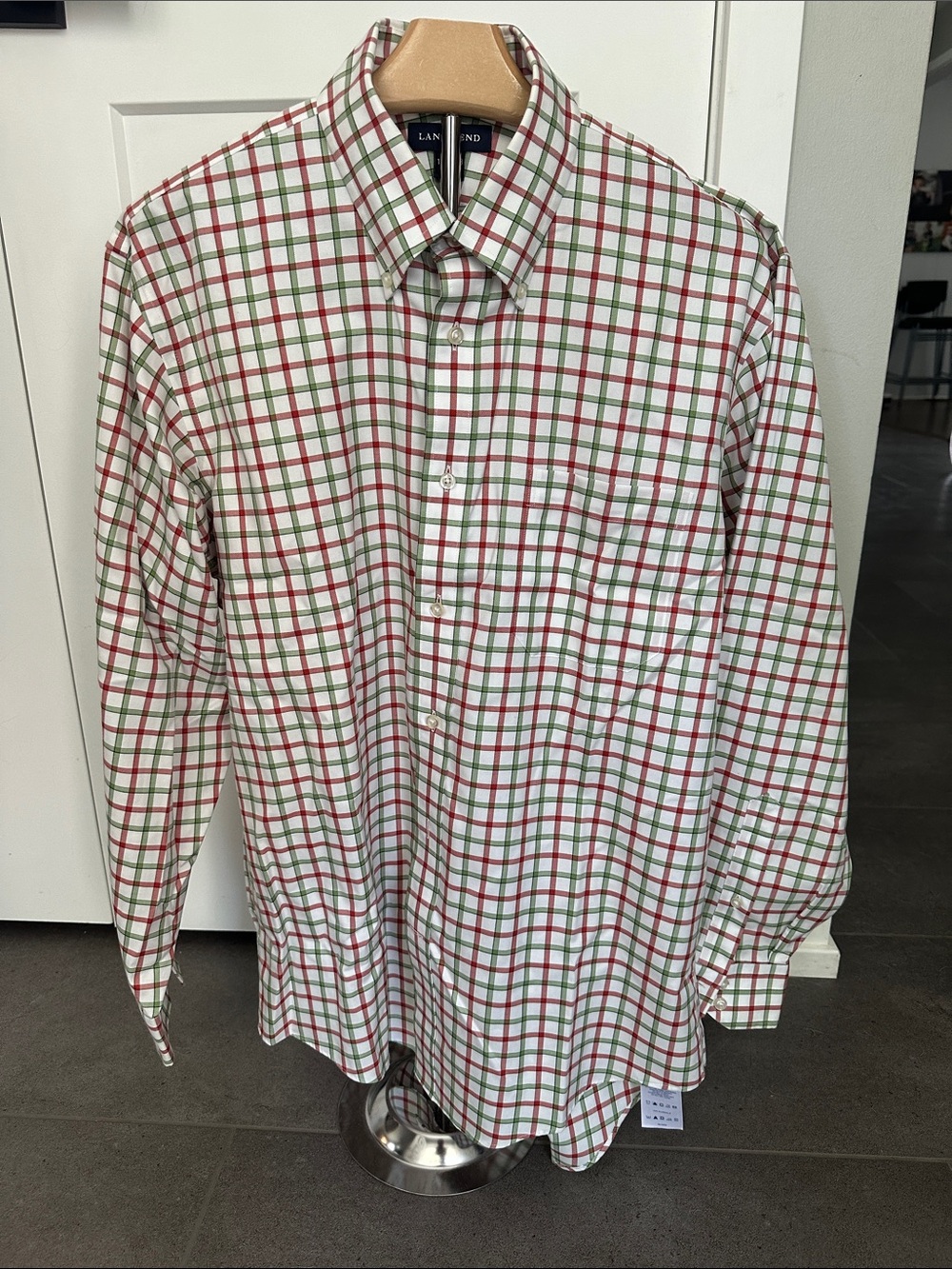 Lands' End Men's White Plaid Dress Shirt with Red & Green Checks